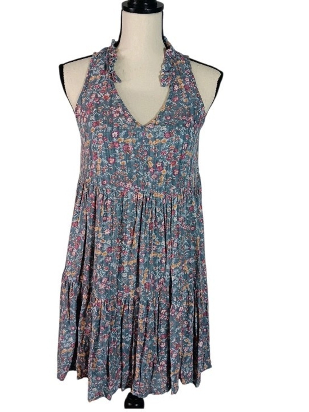 Wonderly Floral Ruffle Halter Tiered Blue And Pink Mini Dress